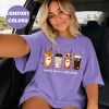Women’s Round Neck Casual Loose Fit Apparel – Autumn Leaves & Coffee Ghost Pumpkin Spice Graphic Tee, DTG Printed in USA