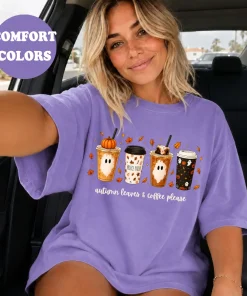 Women’s Round Neck Casual Loose Fit Apparel – Autumn Leaves & Coffee Ghost Pumpkin Spice Graphic Tee, DTG Printed in USA