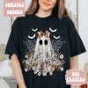 Women’s Halloween Lace Ghost T-Shirt – Unisex Menswear, Loose Baggy Oversize Relaxed Fit, Stylish Comfort Cotton, USA-Printed Casual Athletic Boho Chic Everyday Streetwear Top
