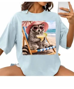 Women’s Oversized Casual Cotton T-Shirt – Raccoon Graphic, Margarita Design, Comfort Colors, Spring Top, DTG Printed in the USA, Sunny Day Wear