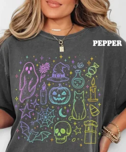 Women’s Neon Halloween Doodles Tshirt – Unisex Relaxed-Loose Fit, Everyday Comfort Cotton, Athletic Boho Style Top, Printed in the USA