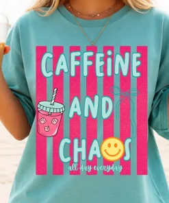 Women’s Caffeine and Chaos Printed Round Neck Short-Sleeve Casual Comfort Colors Graphic Tee – Coffee Lover Top