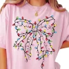 Christmas Bow Shirt – Casual T-Shirt with Christmas Lights Bow Graphic Design, Pink Color, Unisex, Casual Style, Cotton Fabric