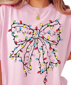 Christmas Bow Shirt – Casual T-Shirt with Christmas Lights Bow Graphic Design, Pink Color, Unisex, Casual Style, Cotton Fabric