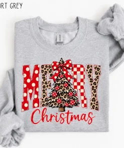 Retro Merry Christmas Polka Dots Sweatshirt, Preppy Christmas Tree Sweatshirt, Leopard Christmas, Holiday Xmas , Cozy Xmas Gift Sweatshirt Pullover Crewneck Tops