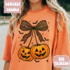 Halloween Pumpkin Cherries Bow Shirt ~ Unisex Apparel Relaxed Fit Printed In The USA Clothing Womenswear Casual Comfort Cotton Top Athletic Boho Chi Bats and Pumpkins Bow T-Shirt