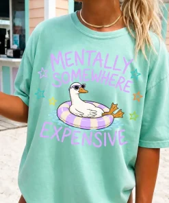 Women’s Casual Cotton Round Neck Top – “Mentally Somewhere Expensive” Graphic Tshirt, Comfort Colors Mama Tee, Unisex Direct-to-Garment Printed Shirt