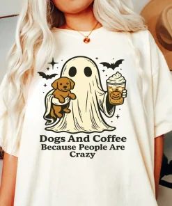 Women’s Halloween Coffee & Dogs Tee – Unisex 100% Ring-Spun Cotton Fabric T-Shirt, Relaxed Fit, Garment-Dyed, Twill-Taped Neck, Breathable, Comfortable Style