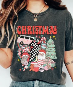 Women’s Comfortable Casual Round Neck Short Sleeve Top – Unisex Oversized 100% Cotton Soft Washed Christmas Retro Symbols Printed T-Shirt for Men