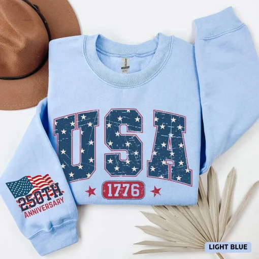 Made USA] America 250th Anniversary Sweatshirt, Celebrate Our 250th Anniversary Sweater, Usa Flag on Sleeve, United States Semiquincentennial Shirt, Patriotic USA Shirt, USA Flag Sleeve, 250th Anniversary Gift